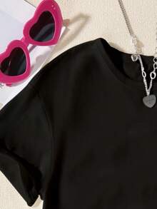 SHEIN Tween Girls' Heart & Slogan Print Short Sleeve T-Shirt - Black - View 3