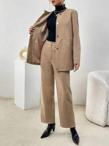 SHEIN Essnce 女款單排扣外套與褲子套裝 - 卡其色 - 查看 4