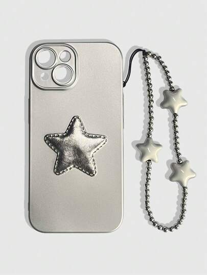 Grunge Punk 1pc Punk Style Silver Color 3d Stereoscopic Plated Star Tpu Phone Case With Star Decoration Chain, Compatible With Iphone 13/14/15 Pro Max