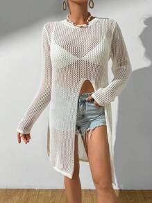 Breezaya 女士鑽孔圓領毛衣配分裂下擺 - 米色 - 查看 4