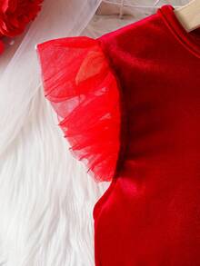 SHEIN 年轻女孩拼布闪光网眼盖袖连衣裙 - 紅色 - 查看 5