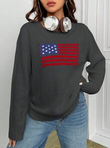 SHEIN EZwear 女式圓領美國國旗毛衣 - 灰色 - 查看 4