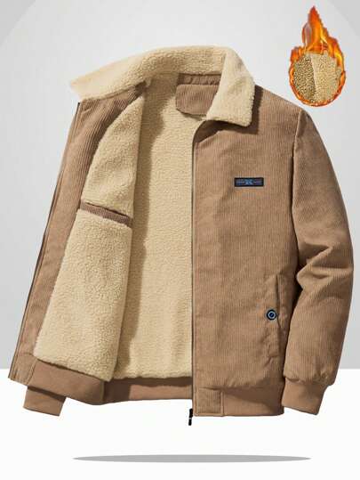 Manfinity Homme Men's Casual Letter Patched Teddy Lined Corduroy Thermal Lined Jacket, Autumn/Winter, Going Out Warm Jacket Long Sleeve Khaki Jacket, For Friends, Husband, Boyfriend Gifts, Men Jacket Winter, Brown Jacket Men, Light Brown Jacket