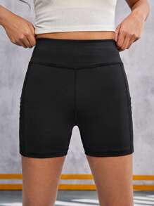 SHEIN 青少年女孩针织纯色撞色网眼短裤，带口袋，适合休闲穿着 - 黑色 - 查看 5