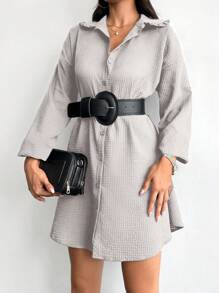 EURMUSE 落肩袖前紐扣襯衫洋裝不附腰帶 - 杏色 - 查看 4