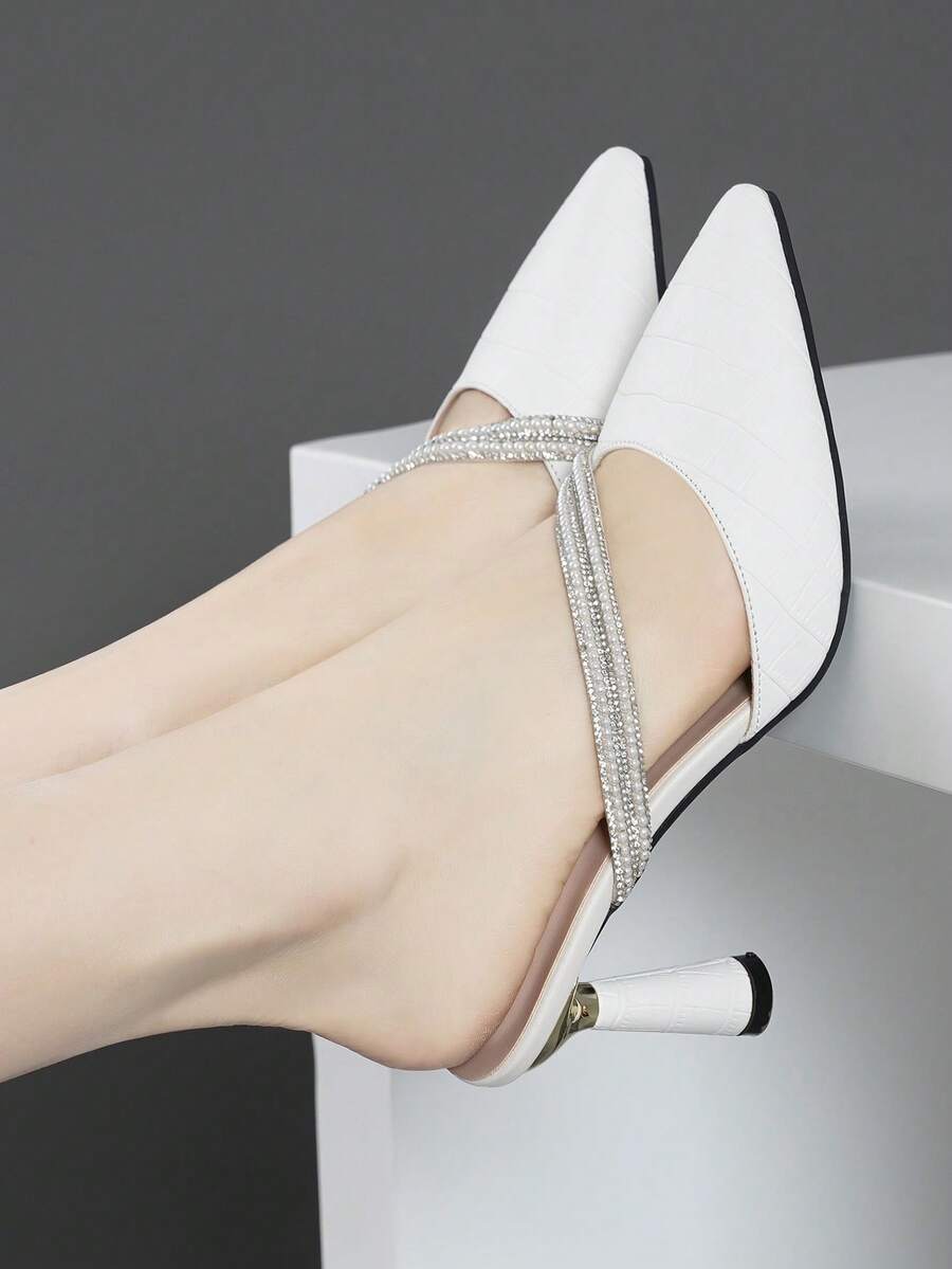 女式尖头细高跟鞋，低鞋面，镂空水钻装饰 - 白色 - 查看 1