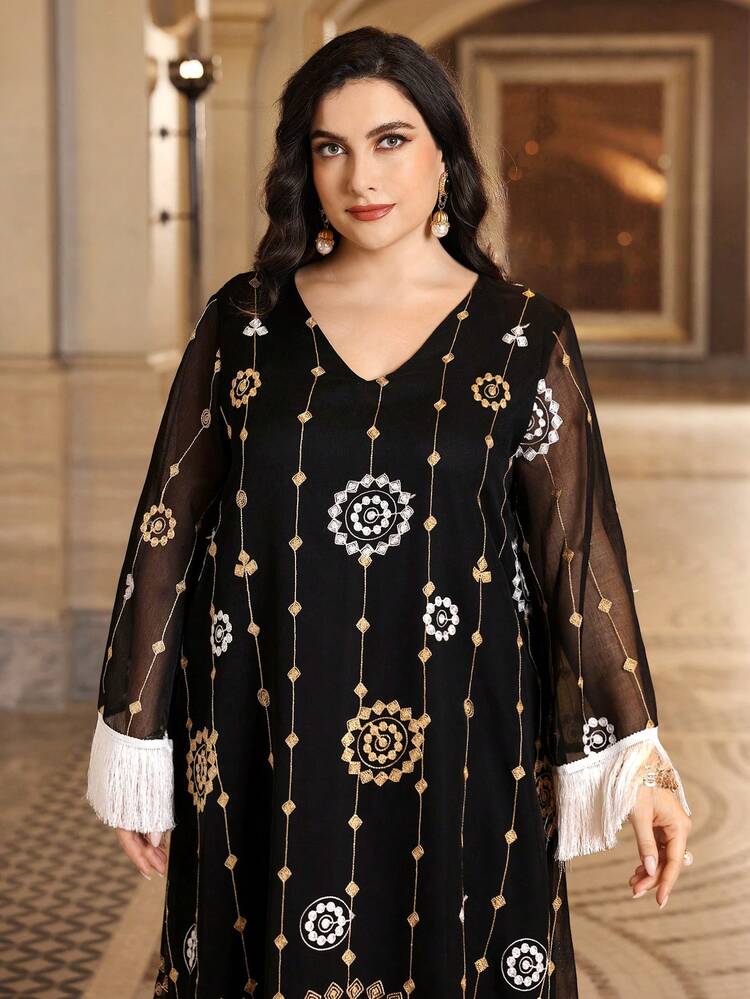 Plus Size Women'S Net Yarn Long Sleeve Arabian Dress With Fringe Decoration Kaftan Jalabiya Dress