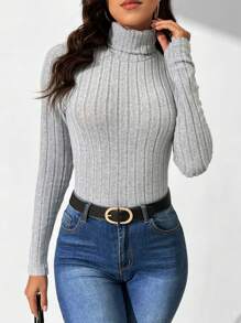 SHEIN Tall Monocolor Bodysuit De Manga Larga Con Cuello Alto Y Tejido Acanalado - Gris Oscuro - Ver 5