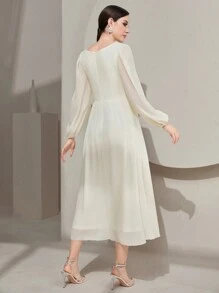 Modelyn Women'S Solid Color Lantern Sleeve Square Neck Dress Long Evening Dresses Fall Cloth For Women - Apricot - View 2