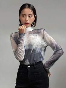 FRIFUL 女式扎染长袖高领上衣 - 灰色 - 查看 9