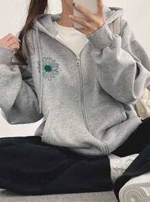 DAZY Của phụ nữ Mô hình hoa Túi kangaroo Áo Zip Up Hoodie - Xám - Xem 4