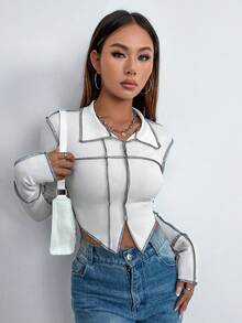 SHEIN Unity 針織t恤,外縫線和收攏條紋造型 - 白色 - 查看 4