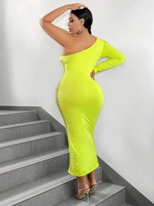 SHEIN SXY Plus Size Women's Spring Summer Off The Shoulder Seamless Hollow Out Bodycon Dress - Green - View 2