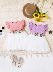 SHEIN Baby Girl'S Casual Knitted Ruffle Hem Mesh Embroidered Flower Dress With Matching Bloomers Set