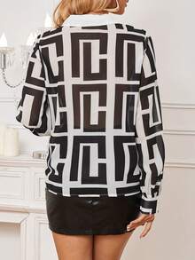 SHEIN Privé Ladies' Geometric Pattern Printed Long Sleeve Shirt - Black and White - View 2
