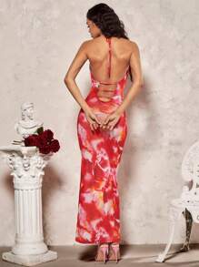 SHEIN BAE 浪漫情人節約會頸掛露背花卉印花優雅長裙女裝 - 彩色 - 查看 3