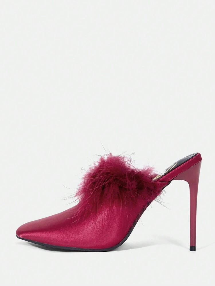 Fashionable Fur Mules Half Slipper High Heel Sandals