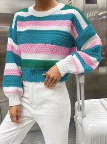 EMERY ROSE 女款條紋下垂肩長袖套頭毛衣