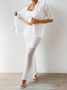 SHEIN VCAY Women'S Elegant Lace Two Piece Set - White - View 5