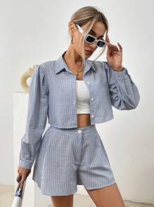 SHEIN Essnce 女性條紋襯衫+短褲兩件套,商務裝