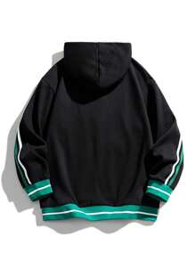 男士帶字母圖案和條紋側邊板的拉鍊連帽衛衣 - 黑色 - 查看 2