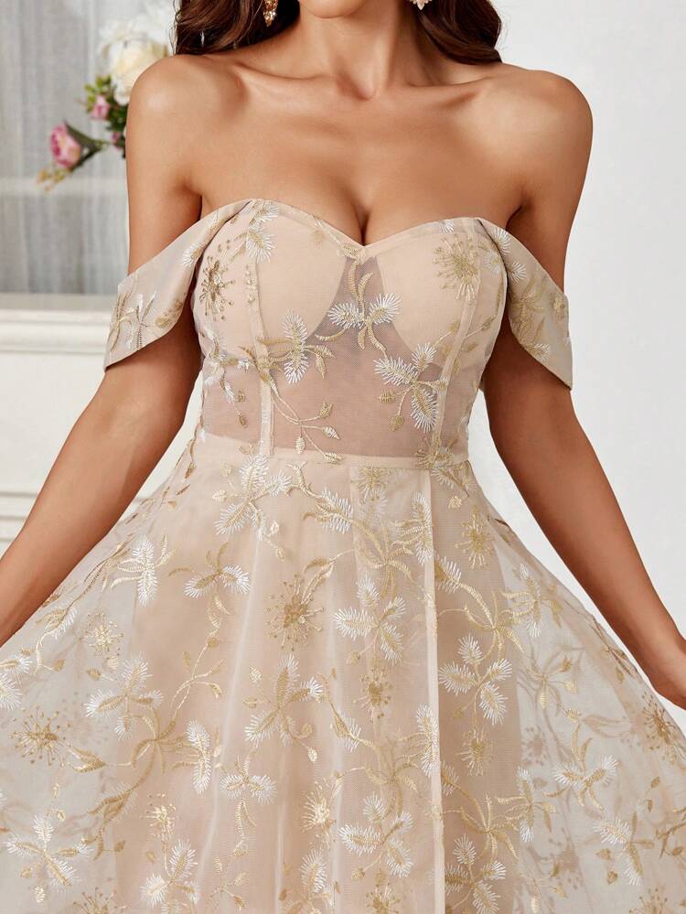 Women's Heavy-Duty Embroidered Fabric Evening Dress With Ultra Long Hem, High Side Slit And Off Shoulder Design