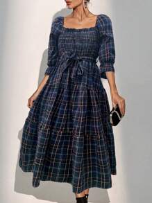 Chiquease Women's Plaid Puff Sleeve Dress - Blue - View 4