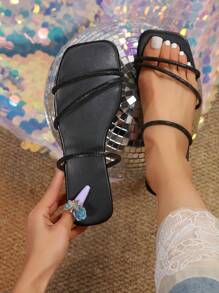 New Arrival Women's Rhinestone Multiple Straps Sandals, French Style Slip-Ons, Perfect For Summer Outfits - Black - View 1