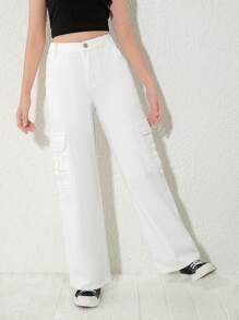 Tween Girls New Loose Fit Straight Leg Cargo Denim Pants - White - View 5