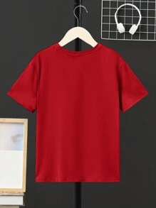 SHEIN Tween Boys' Comfortable Round Neck T-Shirt With Letter & Character Print - Red - View 2