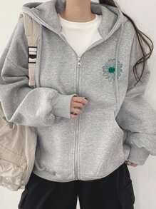 DAZY Của phụ nữ Mô hình hoa Túi kangaroo Áo Zip Up Hoodie - Xám - Xem 6