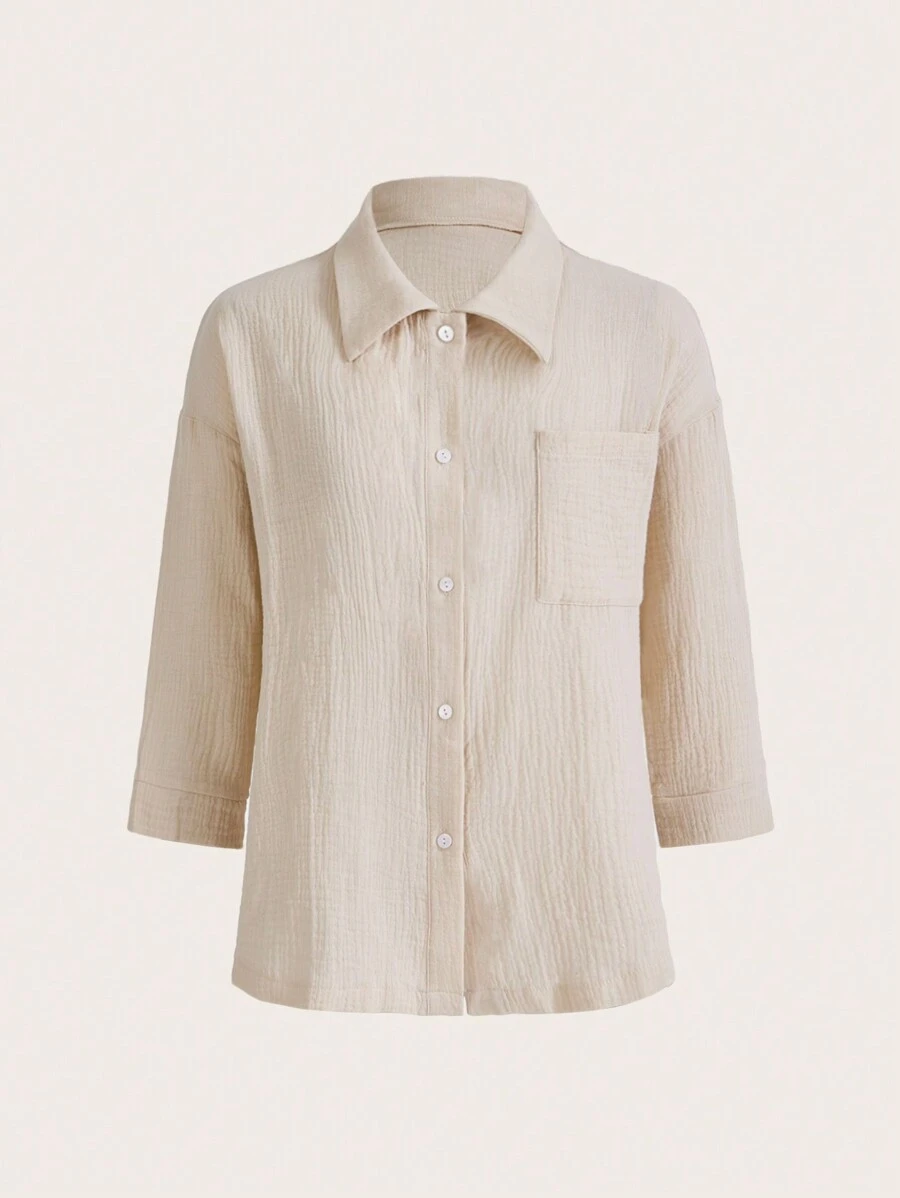 Ocili Leisure 100% Cotton Natural Material Lapel Mid-Sleeve Cardigan Top-Khaki - Apricot - View 1