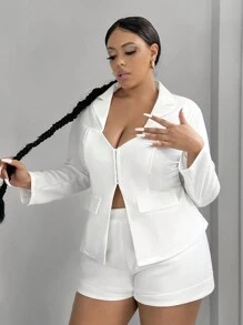 SHEIN SXY Chaqueta Formal De Talla Grande De Color Sólido Con Cuello Vuelto - Blanco - Ver 5