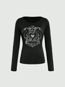 INAWLY Camiseta de manga larga con hombros descubiertos y estampado de letras para mujer, blusas gráficas para looks de primavera
