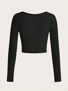 SHEIN Privé Women's Solid Color Notched Neckline Short Length T-Shirt With Long Sleeves - Black and White - View 6