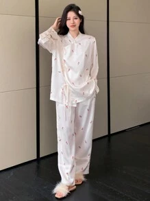 DAZY 女款風花卉印花束帶長袖長褲睡衣套裝 - 白色 - 查看 3