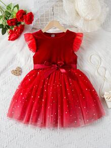 SHEIN 年轻女孩拼布闪光网眼盖袖连衣裙 - 紅色 - 查看 1