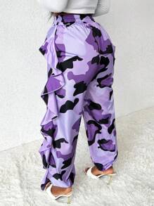 Slaydiva Women'S Camouflage Printed Ruffle Hem Drawstring Waist Pants - Purple - View 2