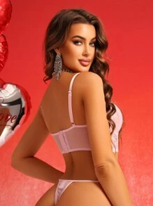 SHEIN Lace Bra With Underwire And Thong Panties Set For Women Lingerie Set - Pink - View 2