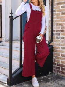 實心斜口口袋灰鵝絨寬腳肩帶連身褲 - 紅色 - 查看 5