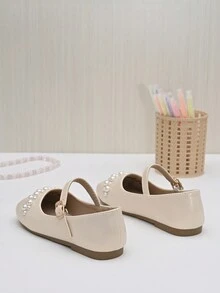 女童/中大童婚禮舞臺珍珠嵌花公主珍平底鞋 - 杏色 - 查看 2