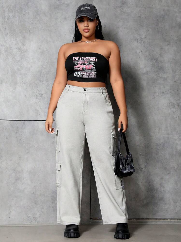 Plus Size Solid Color Cargo Jeans