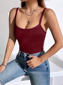 SHEIN EZwear Của phụ nữ Màu thuần Dây đeo Mì Ý  Áo liền quần chặt - Màu Đỏ Sâu - Xem 6