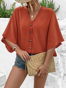 Calvaya Women'S V-Neck Batwing Sleeve Blouse Women Shirt - Orange - View 3