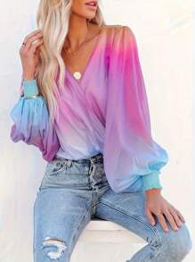 Women's Ombre Print Long Sleeve Tops - Gradient Color Spring Summer Blouse, Casual Loose Fit Shirt, Boho Chic Everyday Tunic Top For Women - Purple - View 1