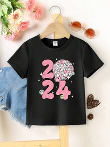 SHEIN 女童短袖t恤,印有新年快樂字樣 - 黑色 - 查看 1