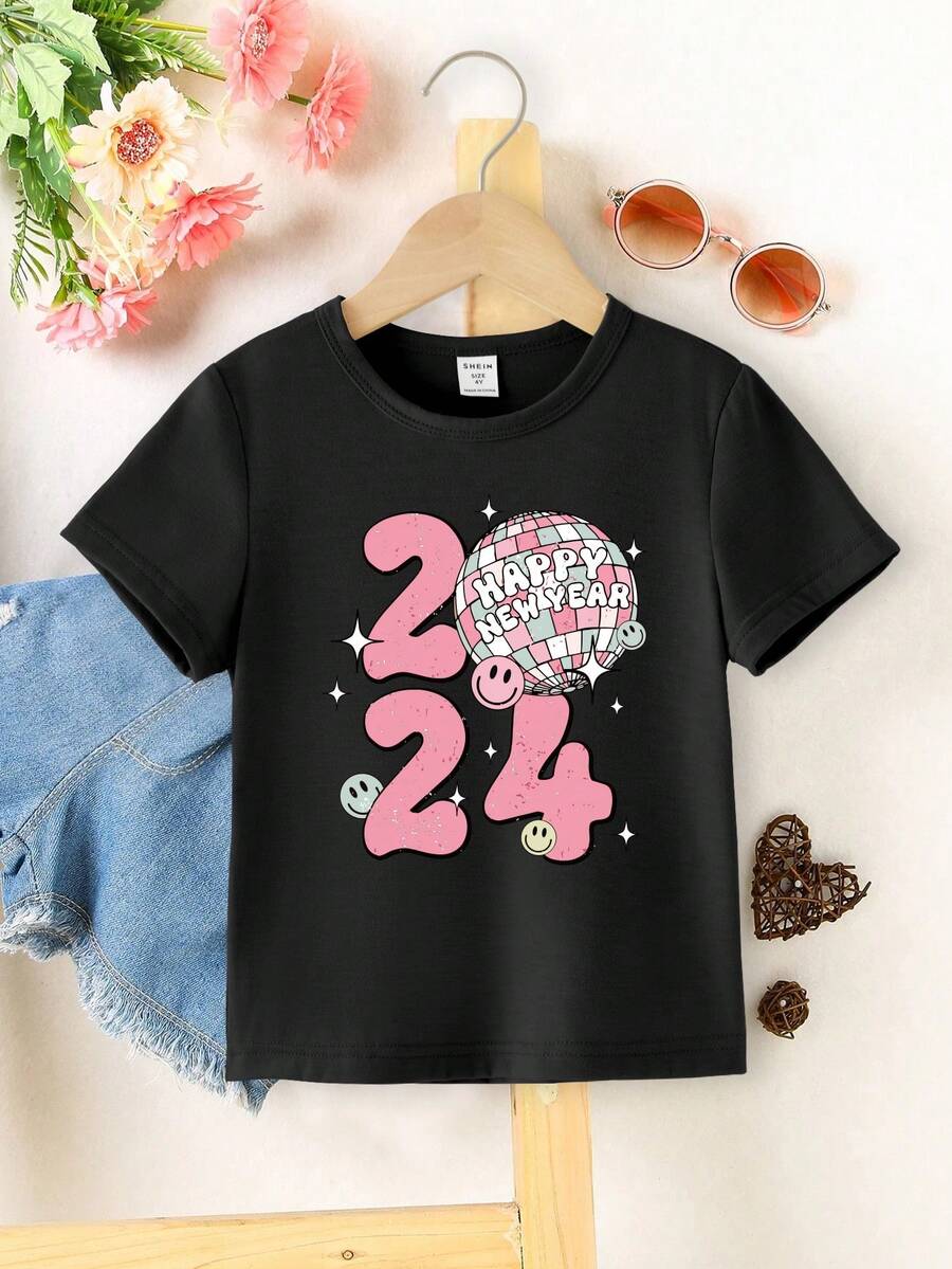 SHEIN 女童短袖t恤,印有新年快樂字樣 - 黑色 - 查看 1