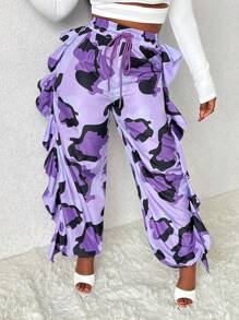 Slaydiva Women'S Camouflage Printed Ruffle Hem Drawstring Waist Pants - Purple - View 1