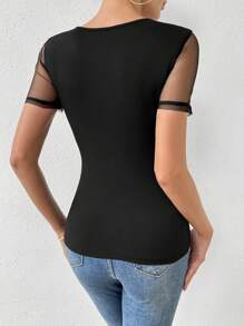 SHEIN Essnce Áo thun lưới tương phản tay ngắn cho nữ - màu đen - Xem 2