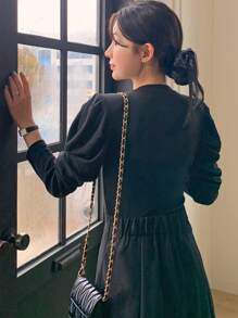 DAZY Solid Color Women's Short Sleeve T-Shirt With Leg-Of-Mutton Sleeves Long Sleeve Women Tops - Black - View 2